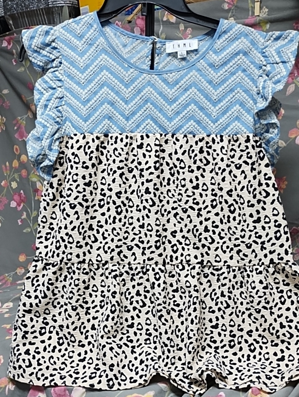 THML Blue Chevron & Cream Leopard Ruffle Sleeve Peplum Top